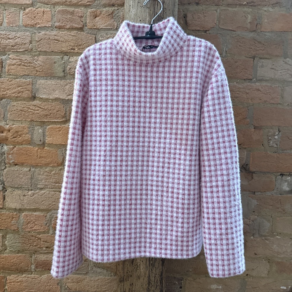 Zara Woman's Pink Plaid Gingham Fuzzy Pullover Long Sleeve Mock Neck Top Size